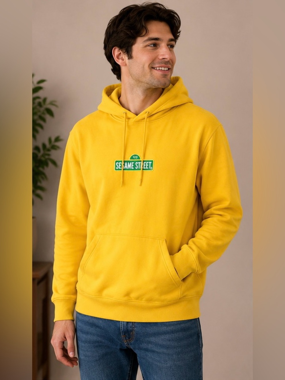 Sesame Street Yellow Men's Hoodie with Green Logo